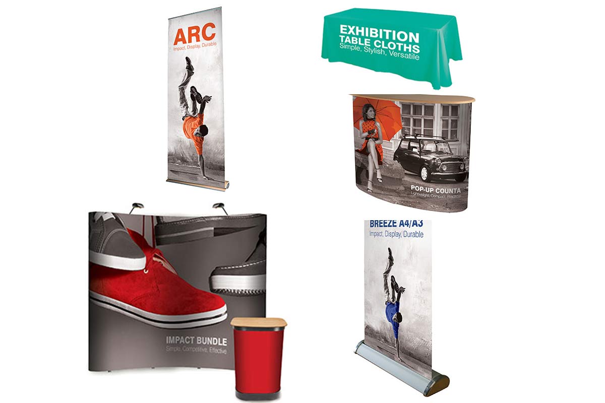 Exhibition stand display with printed graphics and signage set up at a trade event