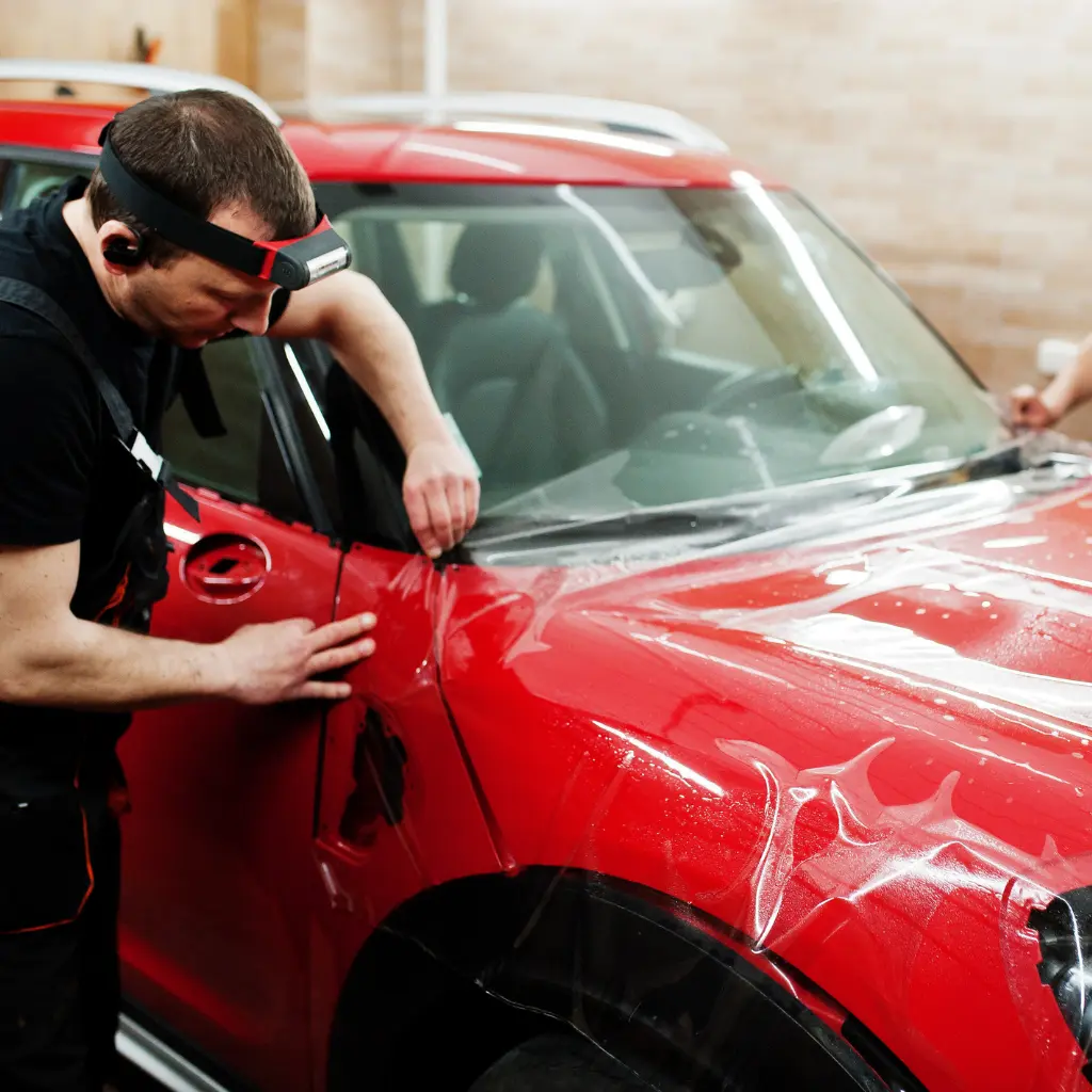 Professional car wrap installation showing vinyl application on a red vehicle, highlighting expert vehicle wrap design and fitting process in the UK
