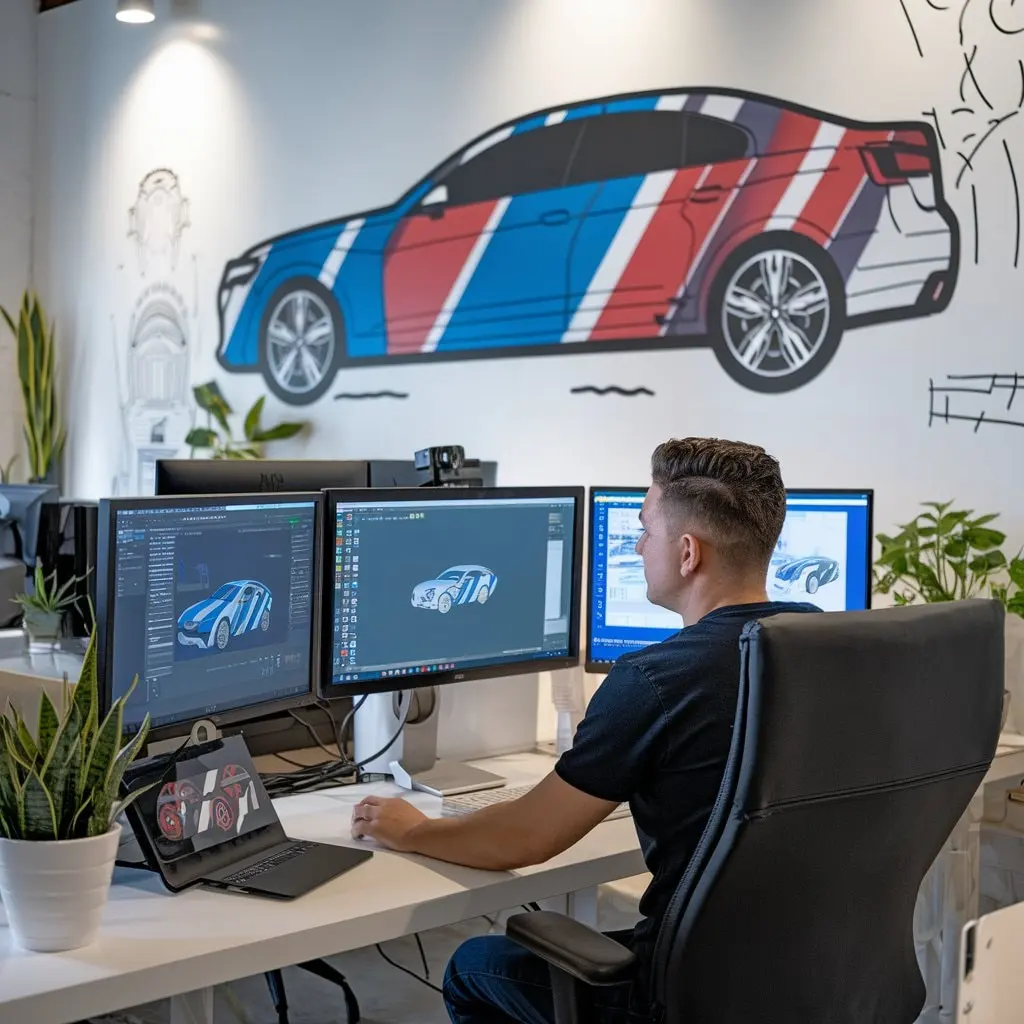 Vehicle wrap designer creating custom car wrap graphics using professional design software, demonstrating the car wrap design process in a UK studio