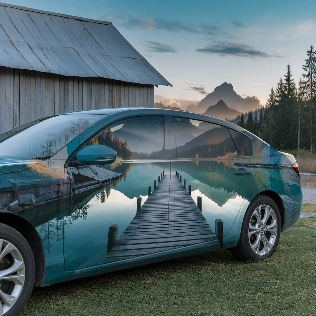 Creative full car wrap design with high-impact graphics, showcasing custom vehicle wrap design ideas for branding and visual appeal