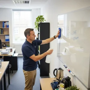 Guide showing how to clean a whiteboard with a microfiber cloth and spray cleaner