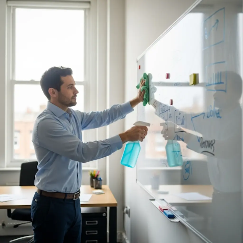 Step-by-step method demonstrating how to clean a whiteboard and remove marker stains