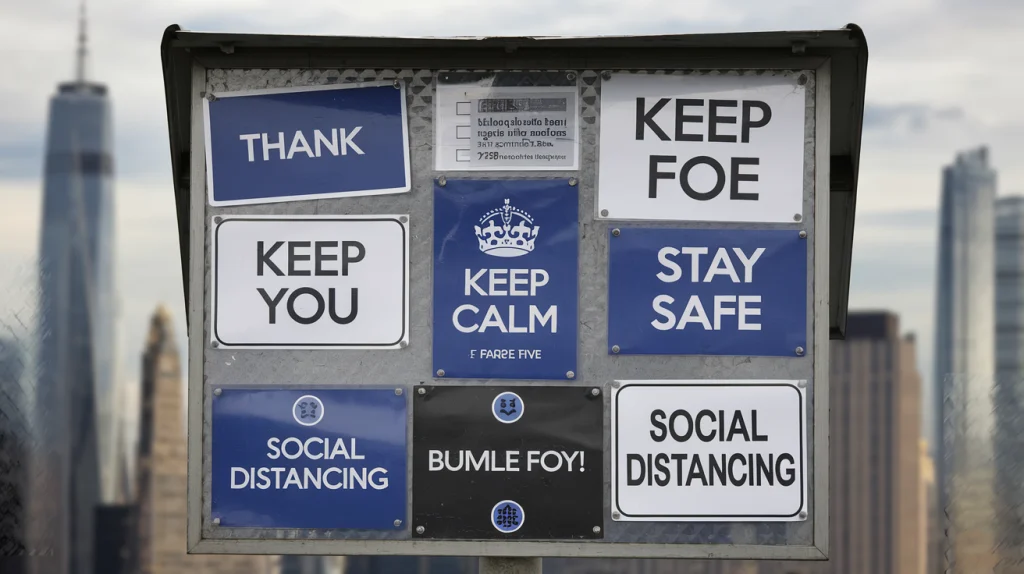 lockable outdoor notice board displaying multiple public information and safety signs UK