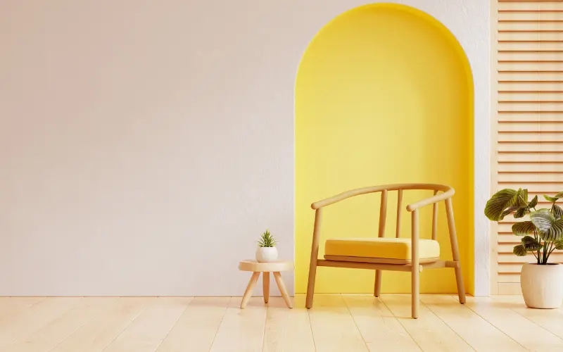 Feature wall ideas with wood showcased in modern living room with vertical timber slat panelling and indoor plants