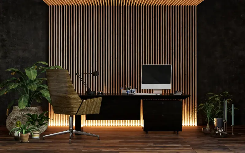Wooden feature walls ideas for stylish home office with dark timber slatted backdrop and contemporary desk setup