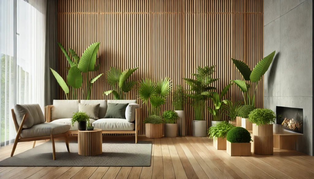 Different types of wood accent walls displayed in bright lounge with oak slat panelling and natural decor elements
