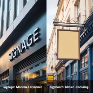 Modern shop front signage with dimensional letters compared to traditional hanging signboard outside retail establishment