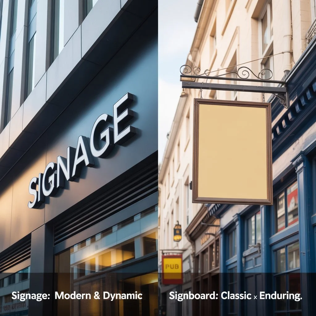 Modern shop front signage with dimensional letters compared to traditional hanging signboard outside retail establishment