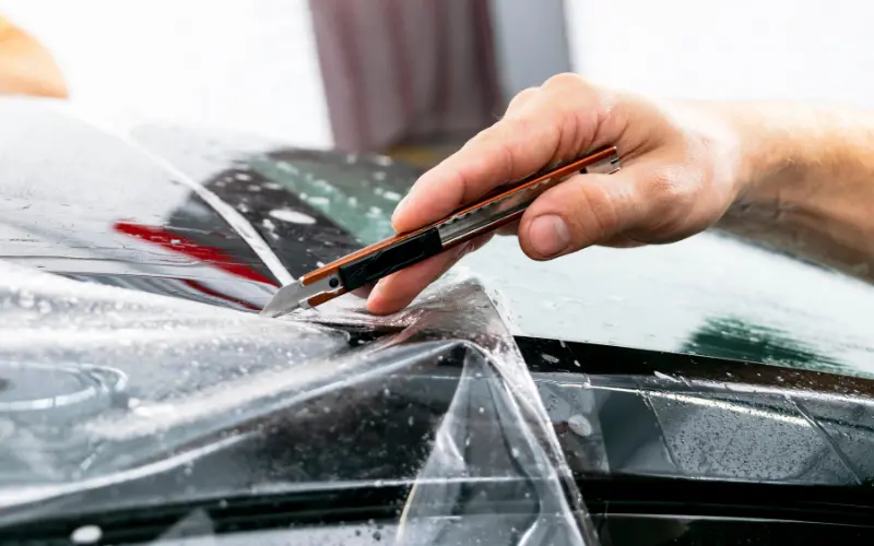 Close-up of vinyl wrap trimming during car wrapping process, highlighting professional vehicle wrap installation techniques
