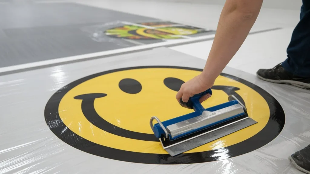 How to apply floor graphics using professional roller squeegee on yellow smiley floor decal in commercial warehouse