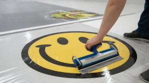 How to apply floor graphics using professional roller squeegee on yellow smiley floor decal in commercial warehouse