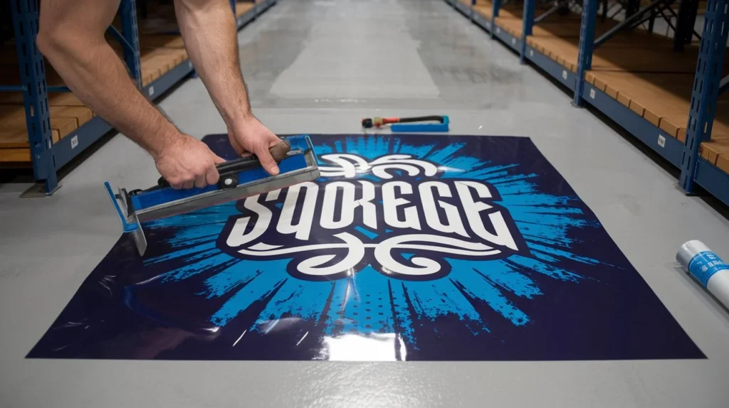 Installing floor graphics with squeegee tool on custom branded vinyl decal for professional warehouse finish