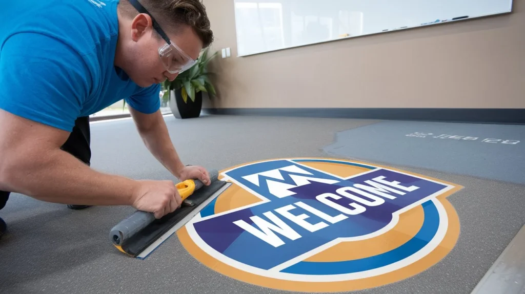 Custom floor graphics application using roller squeegee on welcome sign decal in UK office entrance area