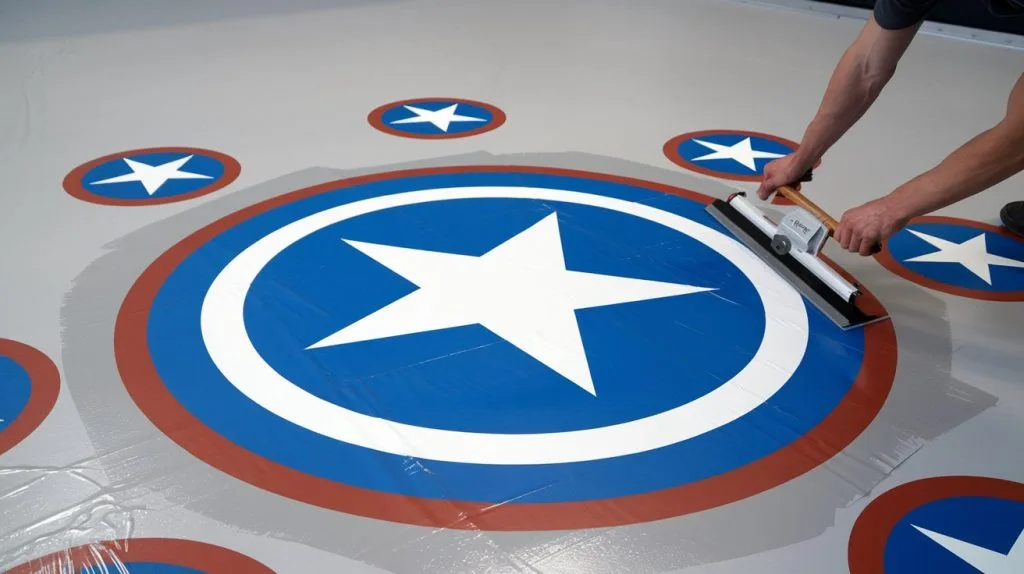 Floor vinyl application technique with handheld roller on circular star graphics for bubble-free installation