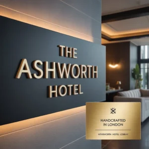 Three-dimensional built-up letters showing hotel branding on interior wall with illuminated halo effect and brass plaque detail