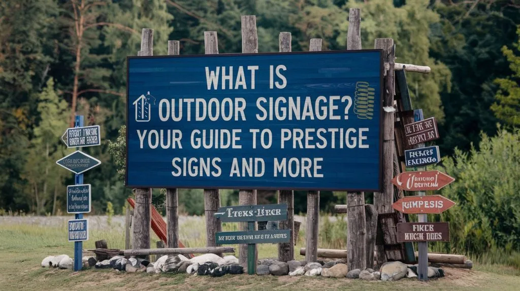 Outdoor signs for a business displayed on large freestanding board featuring directional and promotional signage