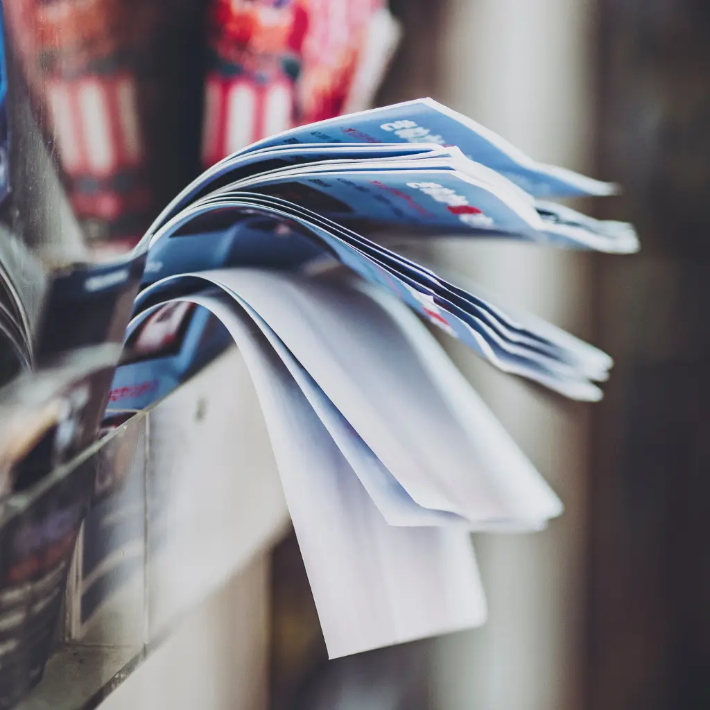 Printed promotional flyers stacked in a dispenser, showing how flyers are used for quick marketing and local advertising in the UK.
