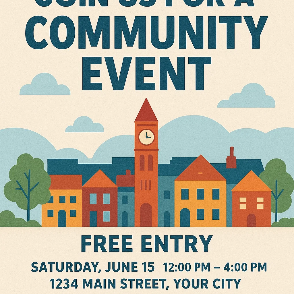 Community event flyer design displaying event details and location, illustrating how event flyers are used to promote public gatherings.