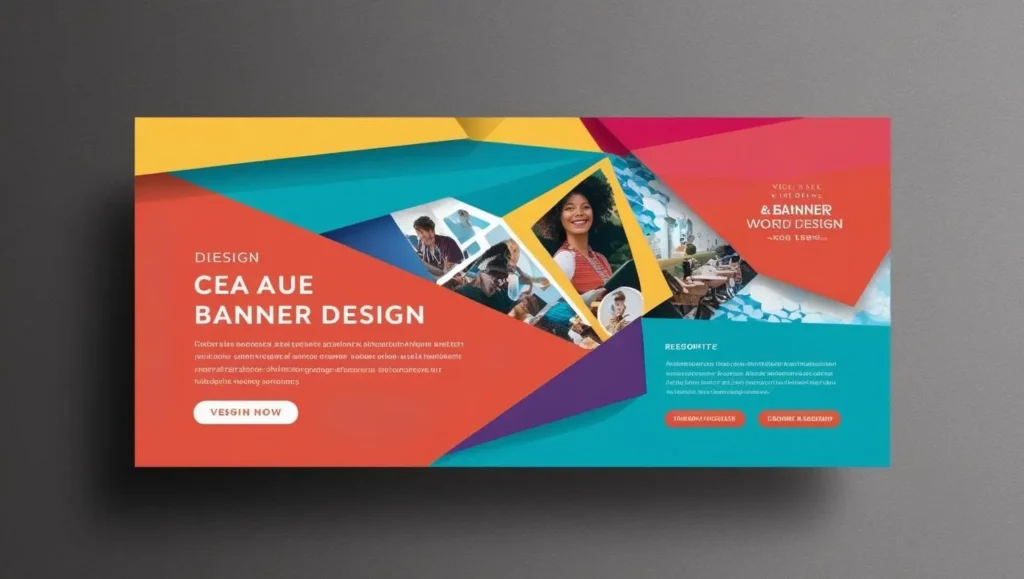 Colourful digital banner design layout featuring bold typography and geometric shapes for creative graphic projects