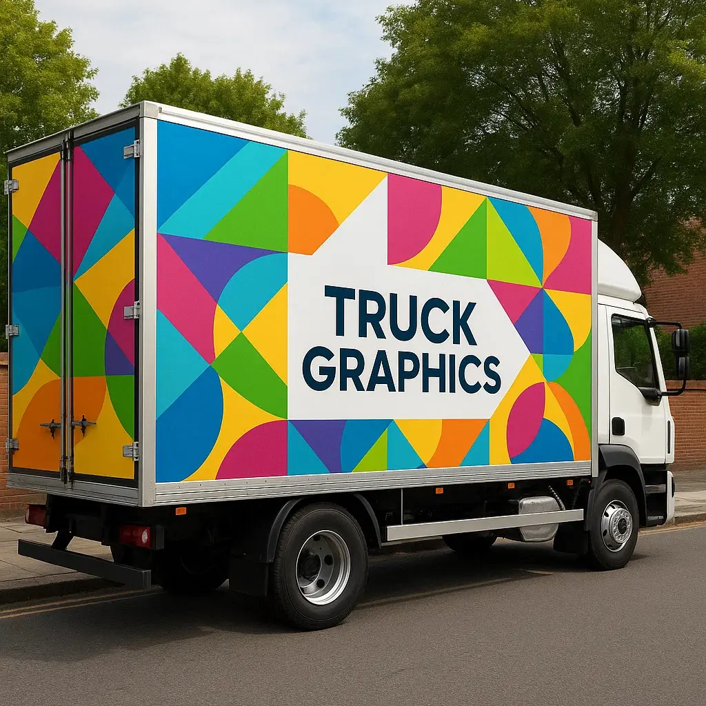 Bold lorry graphics design with full vinyl wrap installation on a UK box truck, showcasing eye-catching commercial vehicle graphics for brand visibility.