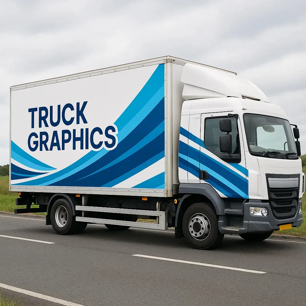 Design Lorry Graphics and Install Them on Your Truck Easily 2 Professional lorry graphics installation using custom vinyl decals on a UK delivery truck, demonstrating easy truck graphics design and fitting process.