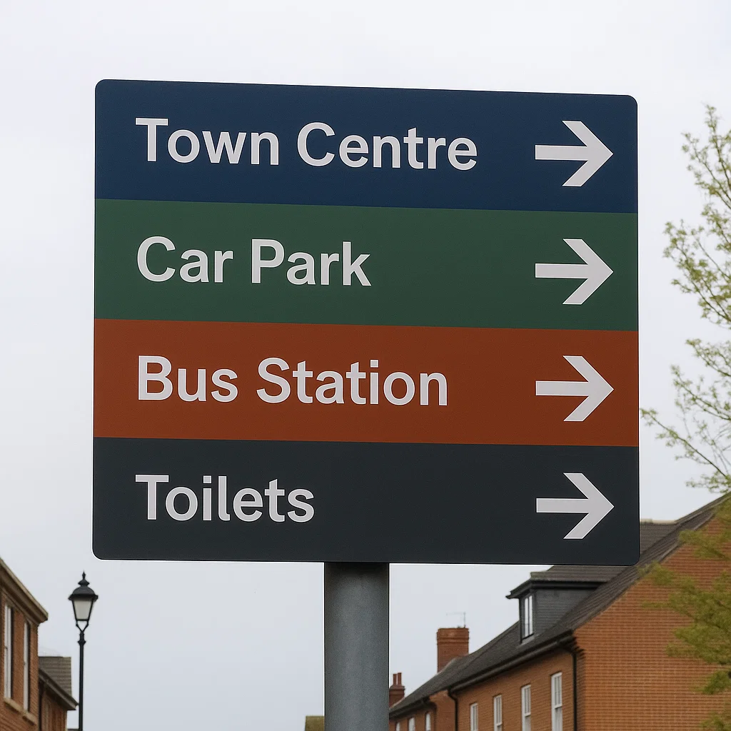 Town centre wayfinding sign directing to car park, bus station and public toilets with clear arrows