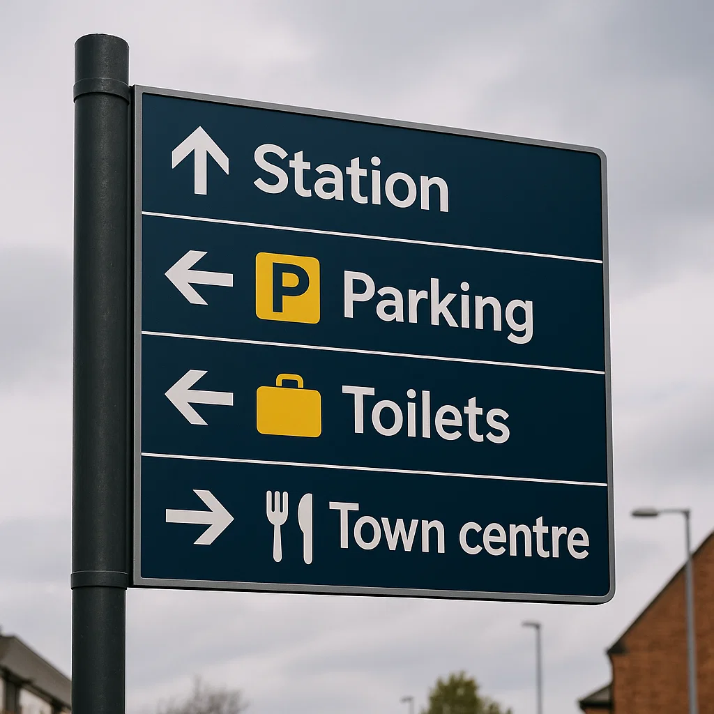 Public wayfinding signage showing station, parking and town centre directions for pedestrian navigation