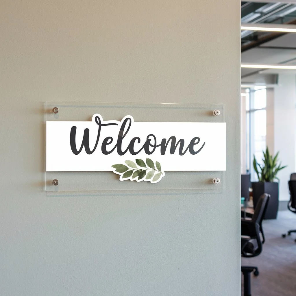 acrylic wall plaque with printed welcome sign mounted on standoffs in a modern UK office corridor