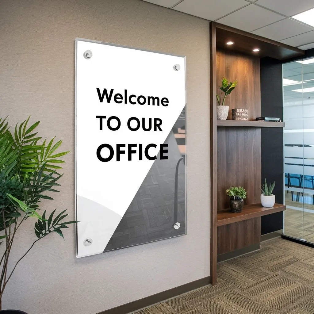 acrylic plaque for wall displaying welcome to our office message in a corporate reception area