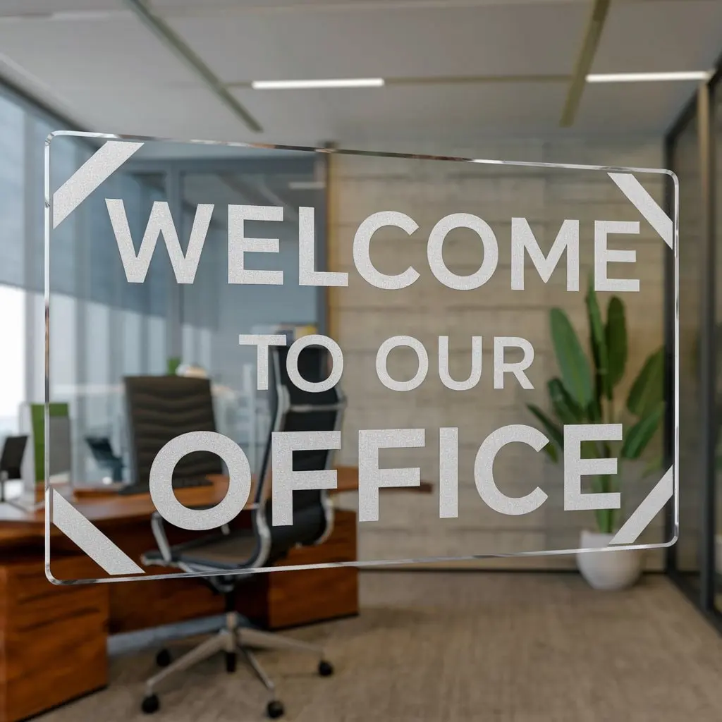 custom acrylic wall plaque with engraved office welcome text mounted on glass partition in a contemporary workspace