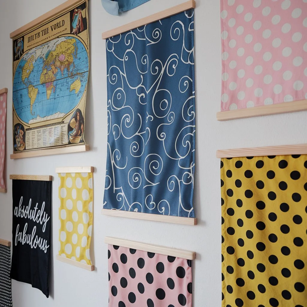 colourful custom fabric posters hung on interior wall using wooden rails for home and business display