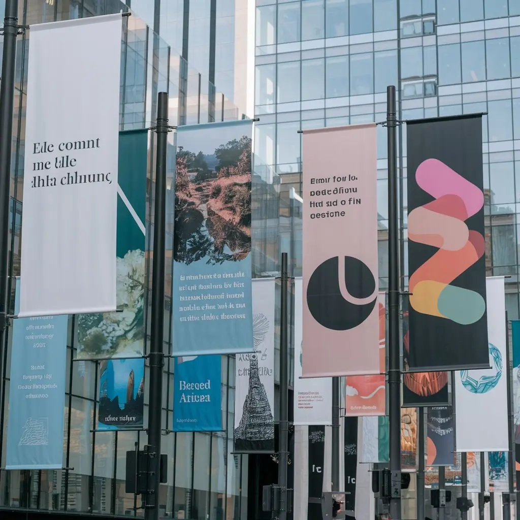 large format printed fabric posters displayed outdoors on poles for event branding and business promotion UK