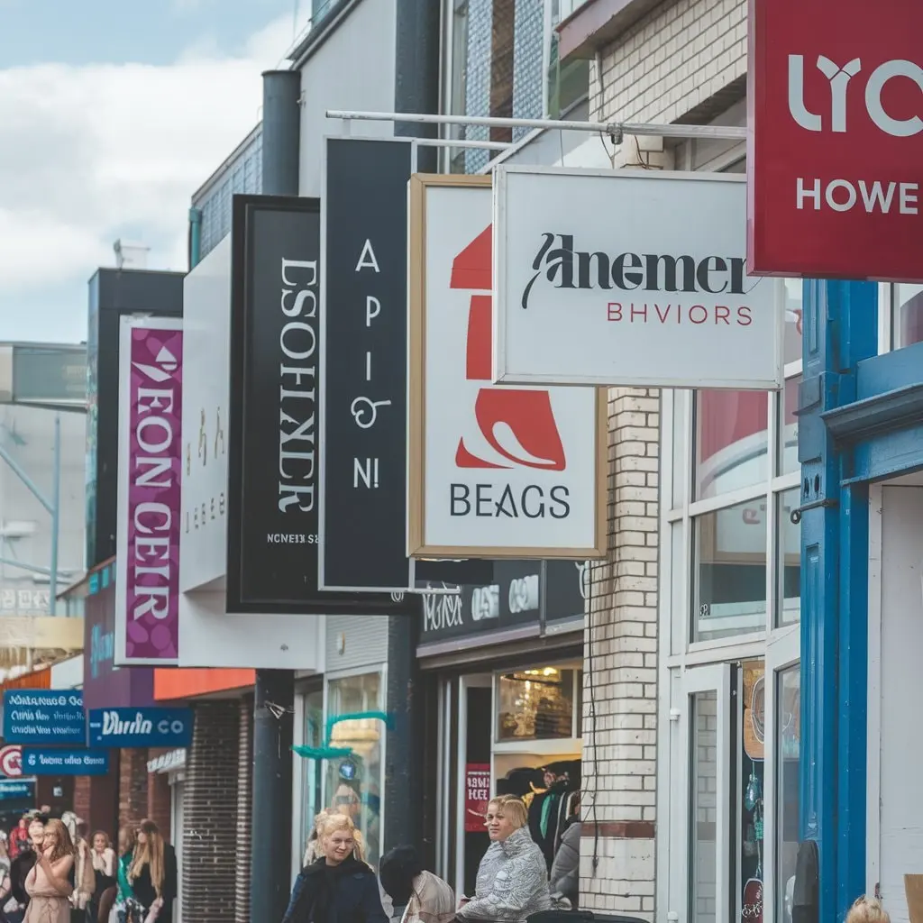 multiple retail store signs displayed on busy UK high street for outdoor business branding