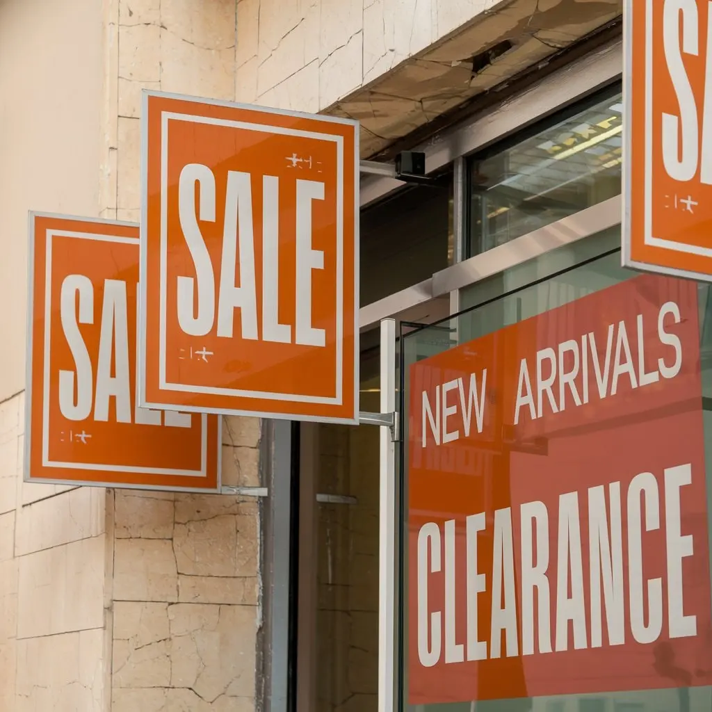 bold orange sale and clearance retail signage displayed on shop front window to attract customers