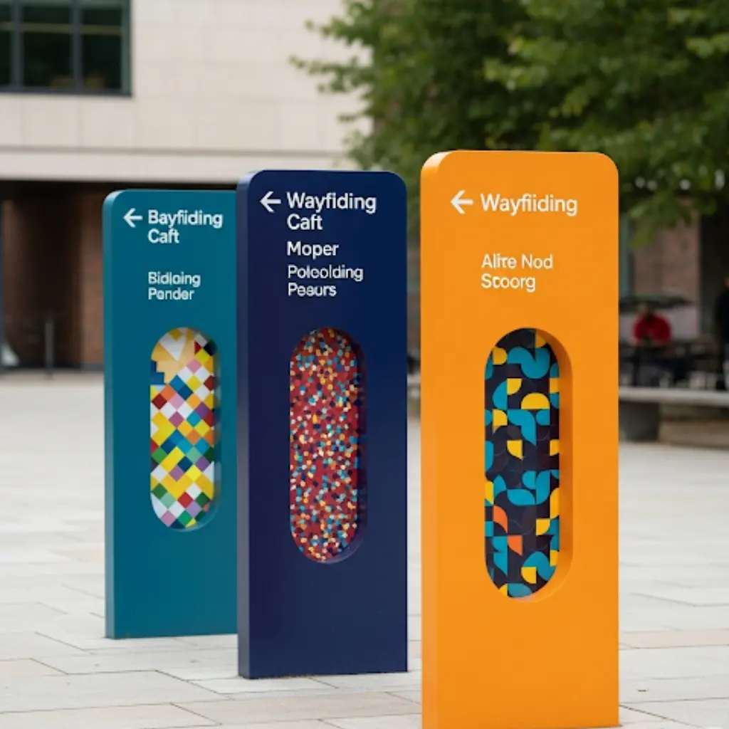 Business signs and graphics used in outdoor wayfinding display system with modern branded directional signage