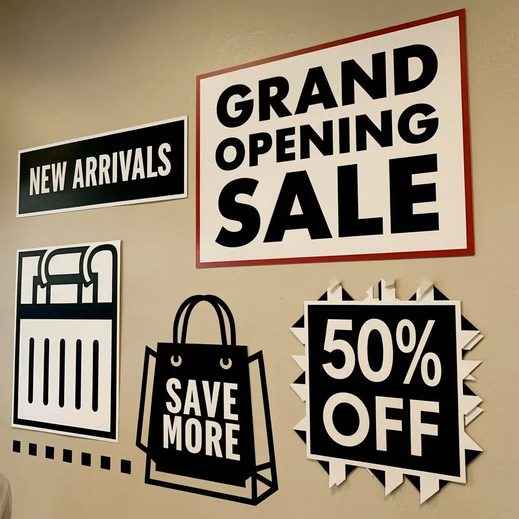 Advanced signs and graphics for retail interior displays featuring promotional wall graphics and sale signage