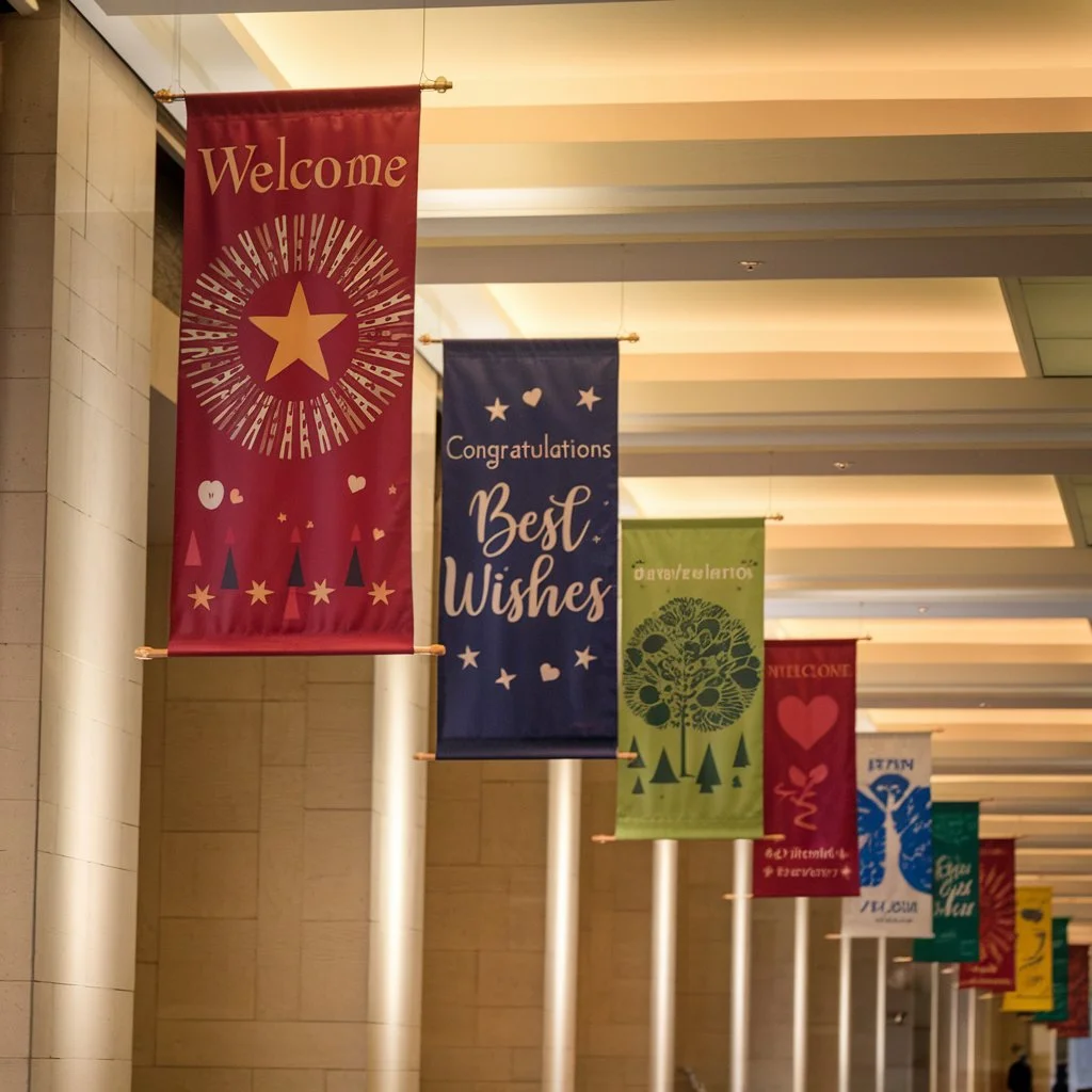 Types of banners for indoor display including fabric pole banners with welcome messages and decorative designs in retail environment