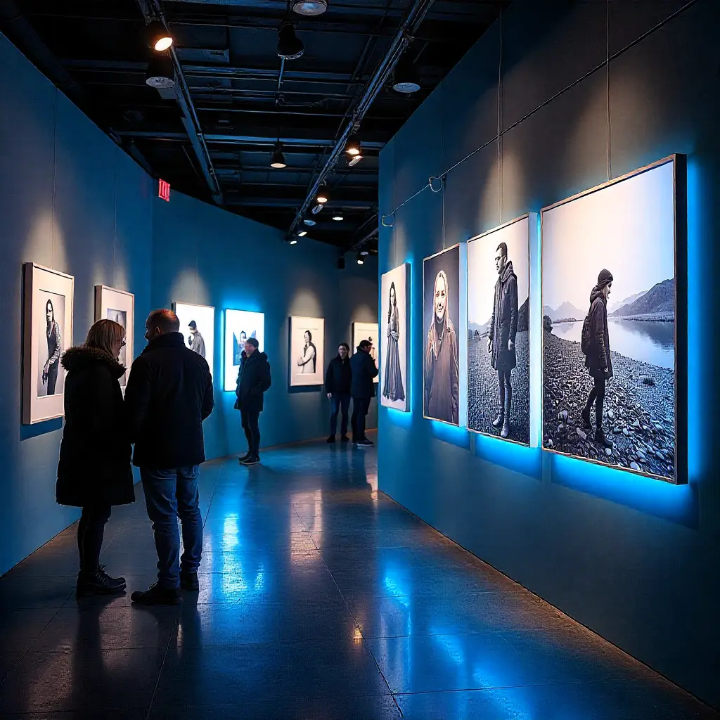 Different types of banners and illuminated display panels for exhibition spaces and gallery installations with backlit presentation