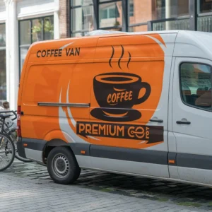 Vinyl graphics for vans used on branded coffee van to promote mobile catering business on busy UK street