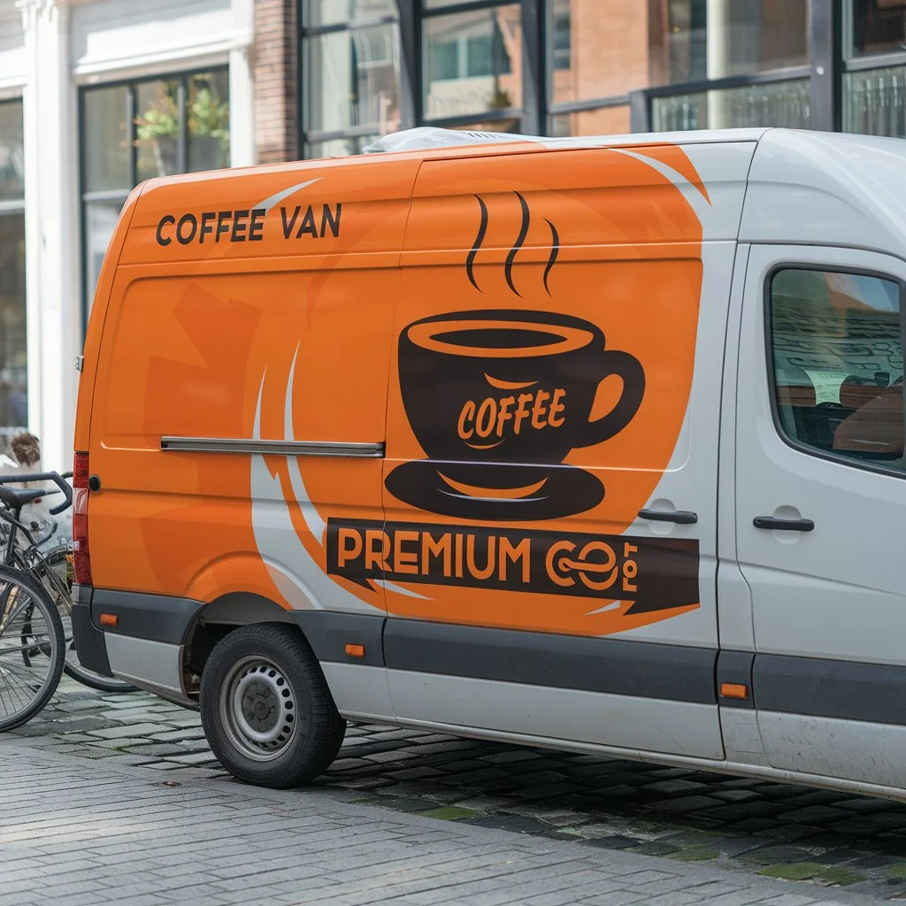 Vinyl graphics for vans used on branded coffee van to promote mobile catering business on busy UK street