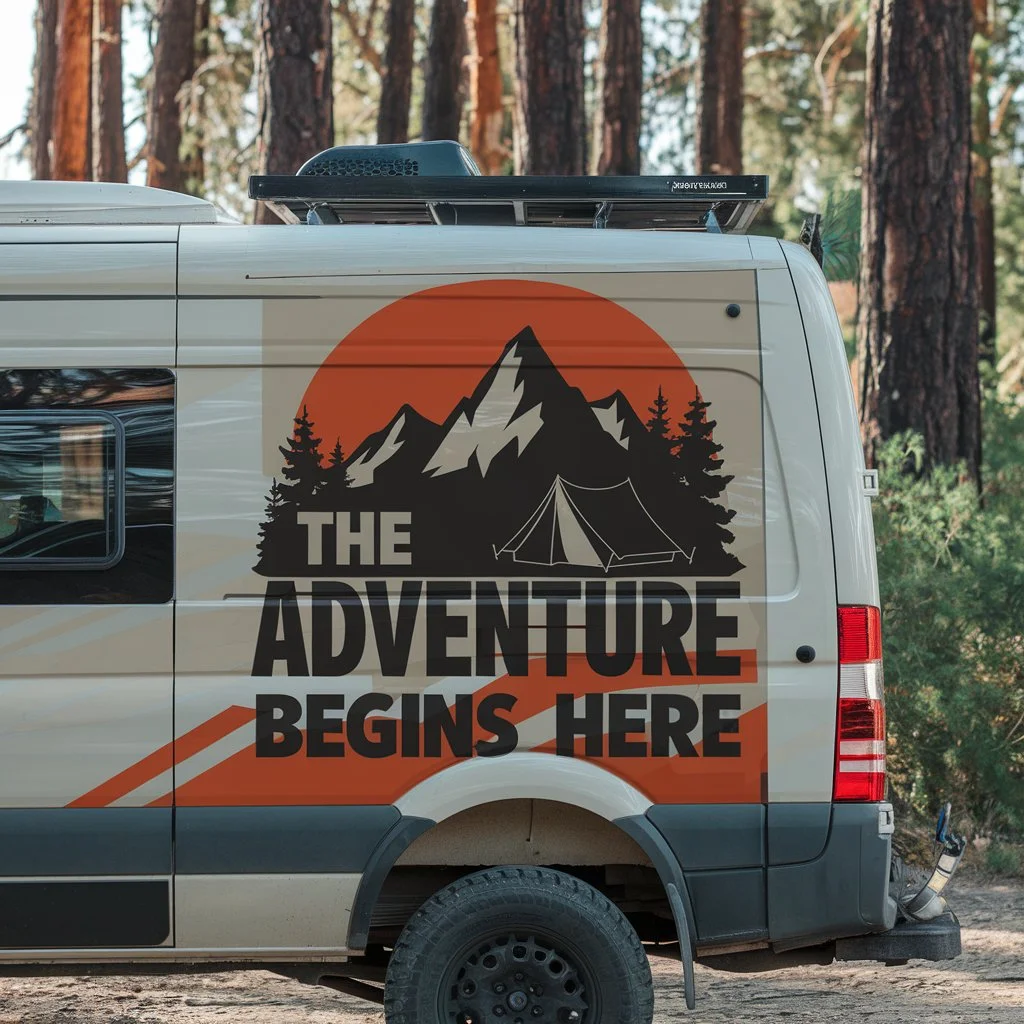 Van Vinyl Graphics: Transform Your Vehicle and Grow Your Brand 2 Custom van vinyl graphics featuring outdoor adventure branding applied to camper van for promotional travel business