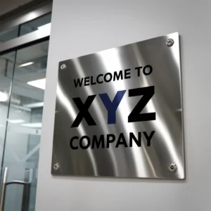 Custom stainless steel plaques mounted in modern office reception displaying company welcome signage