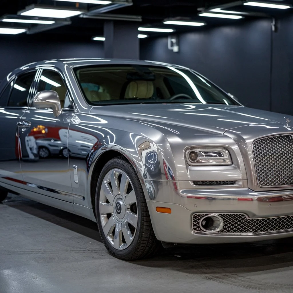 Premium vehicle undergoing chrome car wrapping to achieve a high-gloss reflective exterior