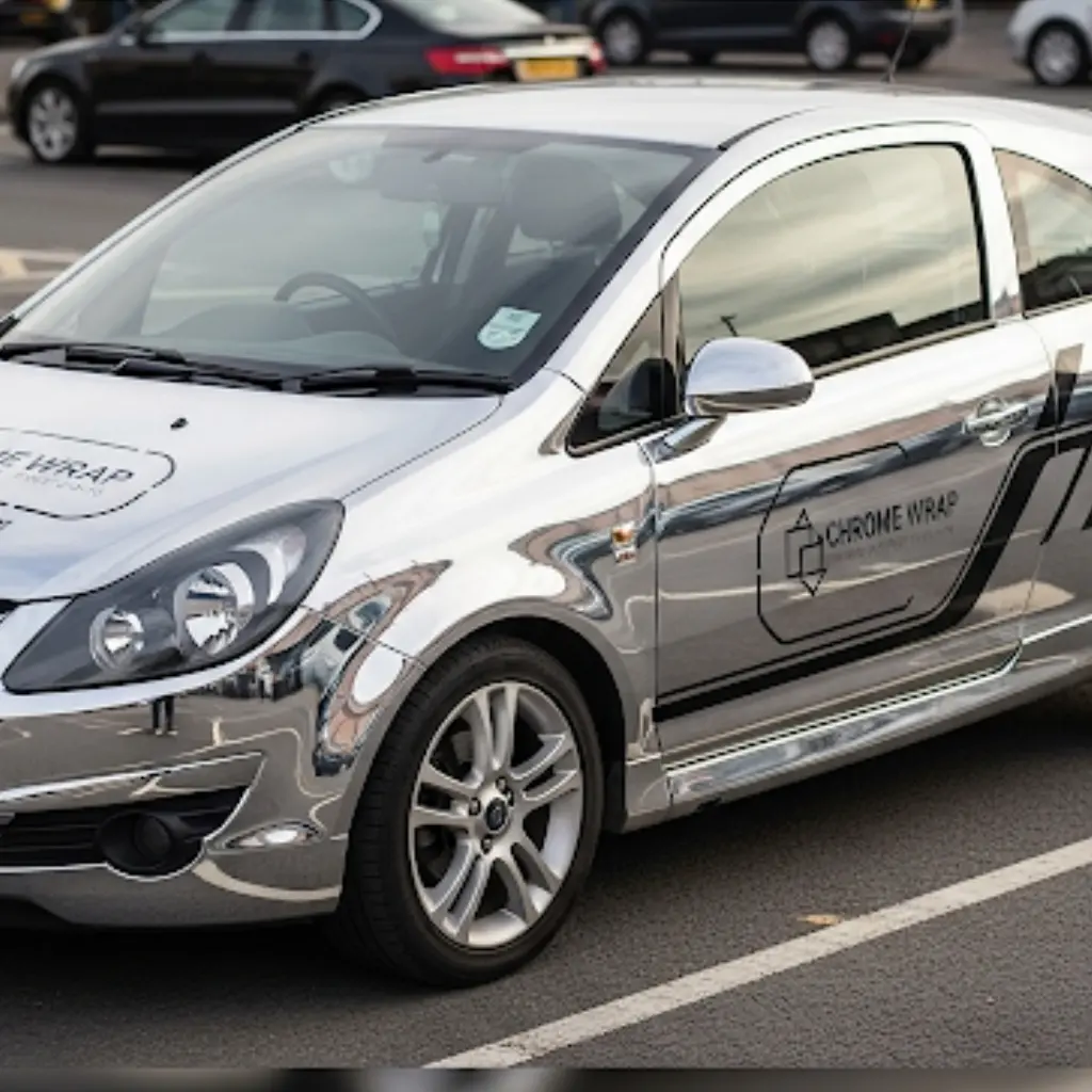 Compact car with a full chrome wrap on car, showcasing reflective styling and branded detailing