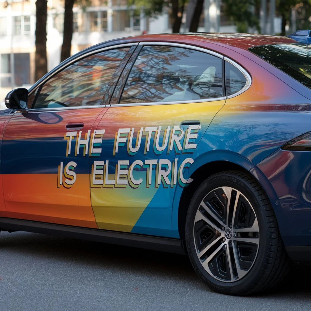 High quality car wrap on electric vehicle with custom vinyl finish and full body coverage