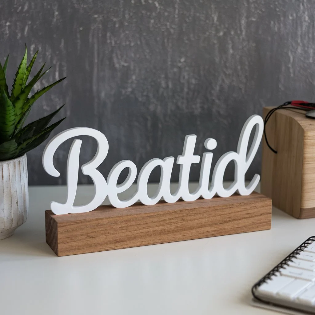 Office desk name plaques with raised white dimensional lettering on natural wood stand for modern business environments