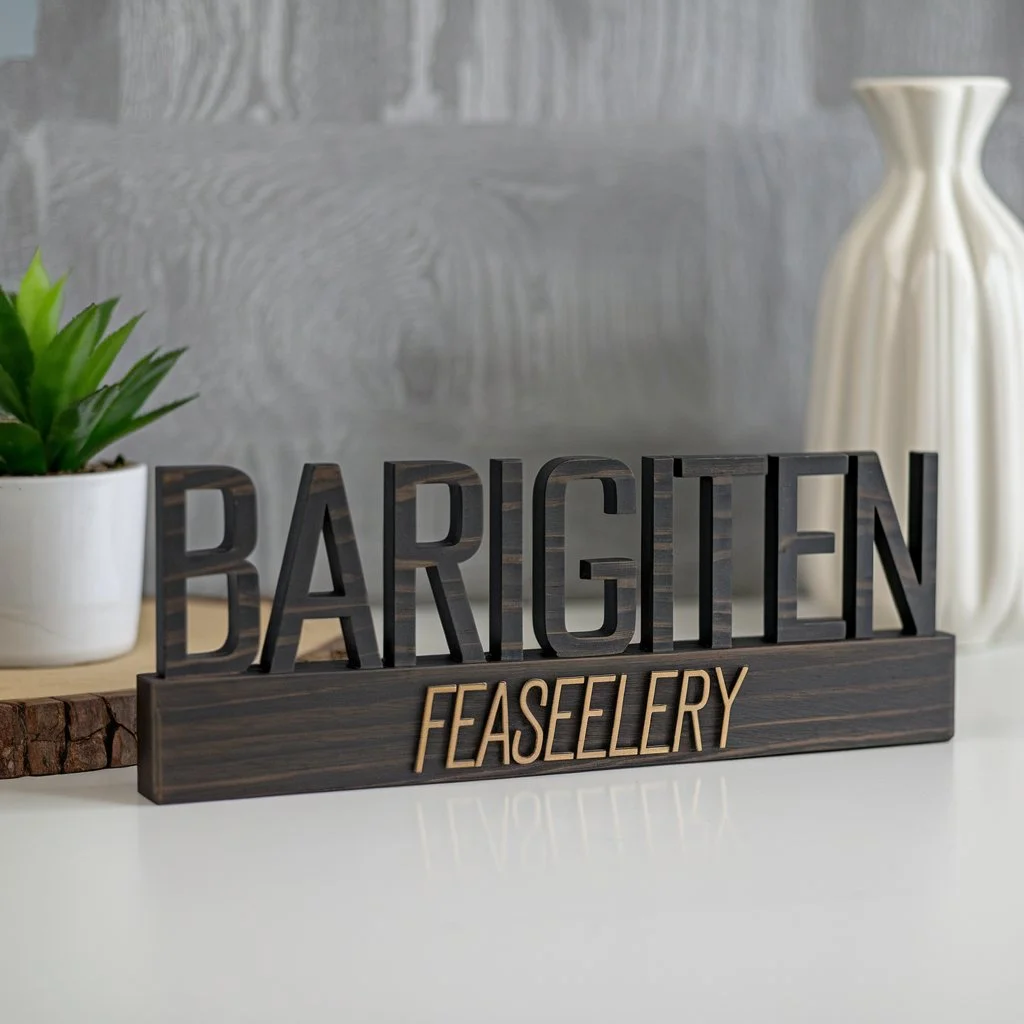 Custom office desk plaque featuring dark stained wood with raised gold engraved lettering for executive professional display
