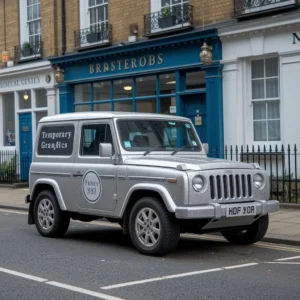 Temporary vehicle graphics applied to branded company van for short term promotional advertising on UK high street