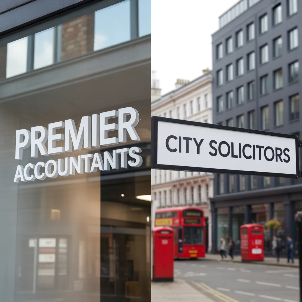 Split image comparing a 3D acrylic sign for Premier Accountants with a vinyl City Solicitors sign on a London street