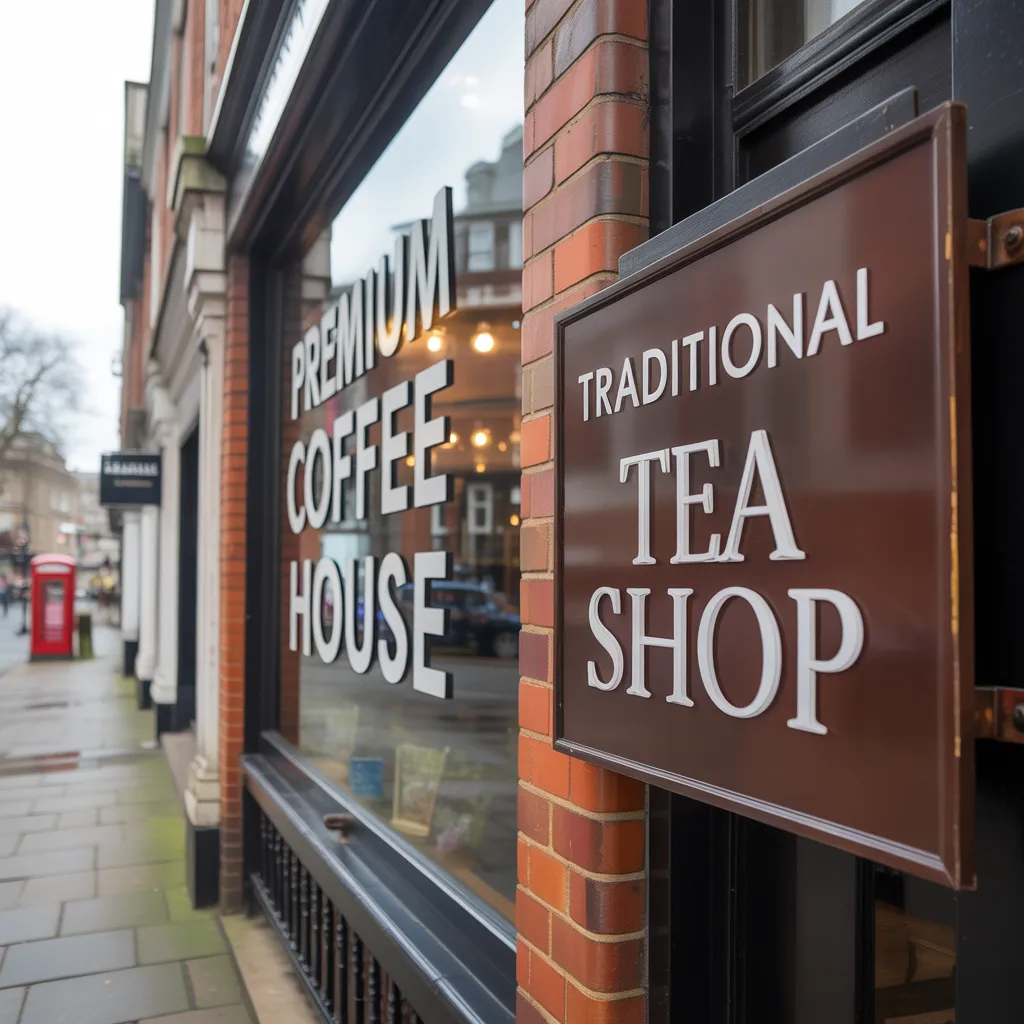 UK shopfront comparing vinyl lettering for a Premium Coffee House with an acrylic sign for a Traditional Tea Shop